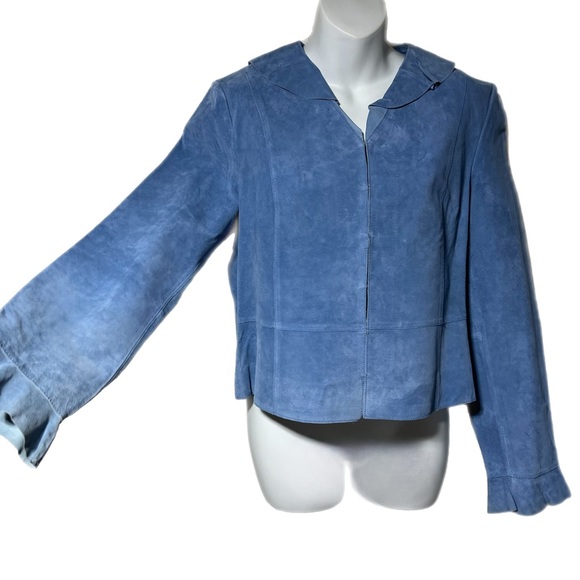 J. Marco Galleries Light Blue Genuine Suede Leather Crop Jacket M Ruffle Collar - Picture 2 of 9